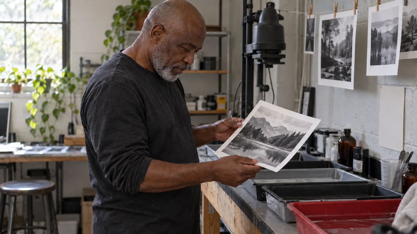 A man examining a landscape photograph he has printed.