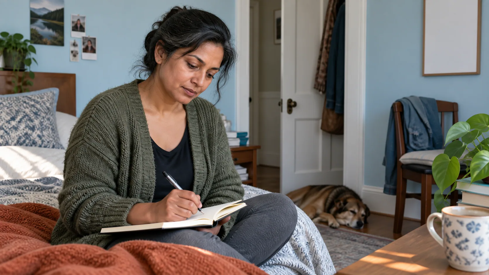 A woman writing a few thoughts in a notebook.