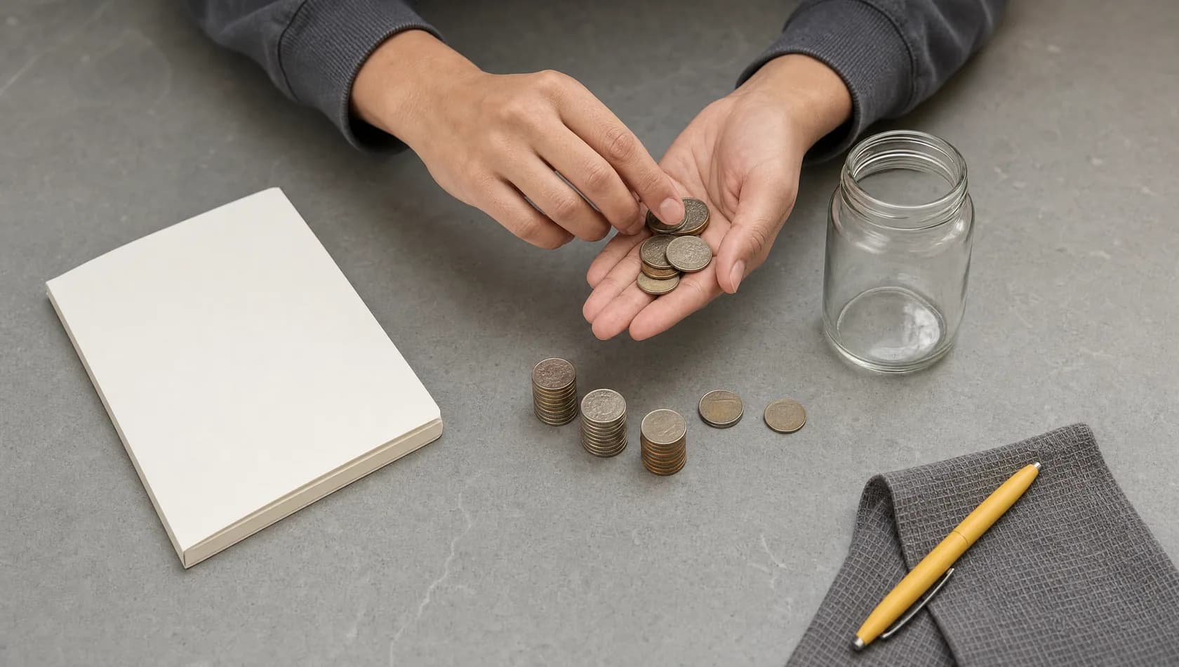 Seen from above: hands counting coins into small stacks on a plain worktop beside an empty jar.
