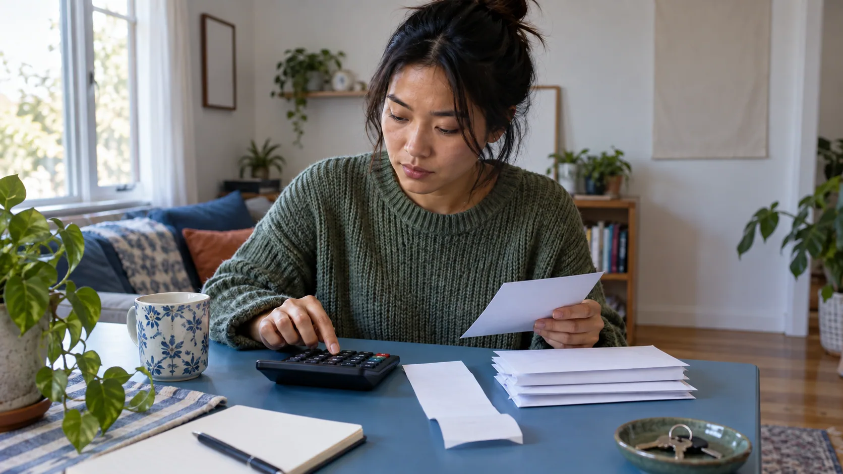 A young Asian adult using a calculator and a small stack of bill envelopes at a compact blue desk.
