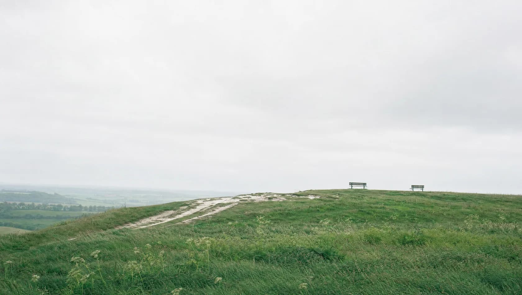 A wide chalk down with two benches set well apart along the ridge, long grass and a high open sky, no people.