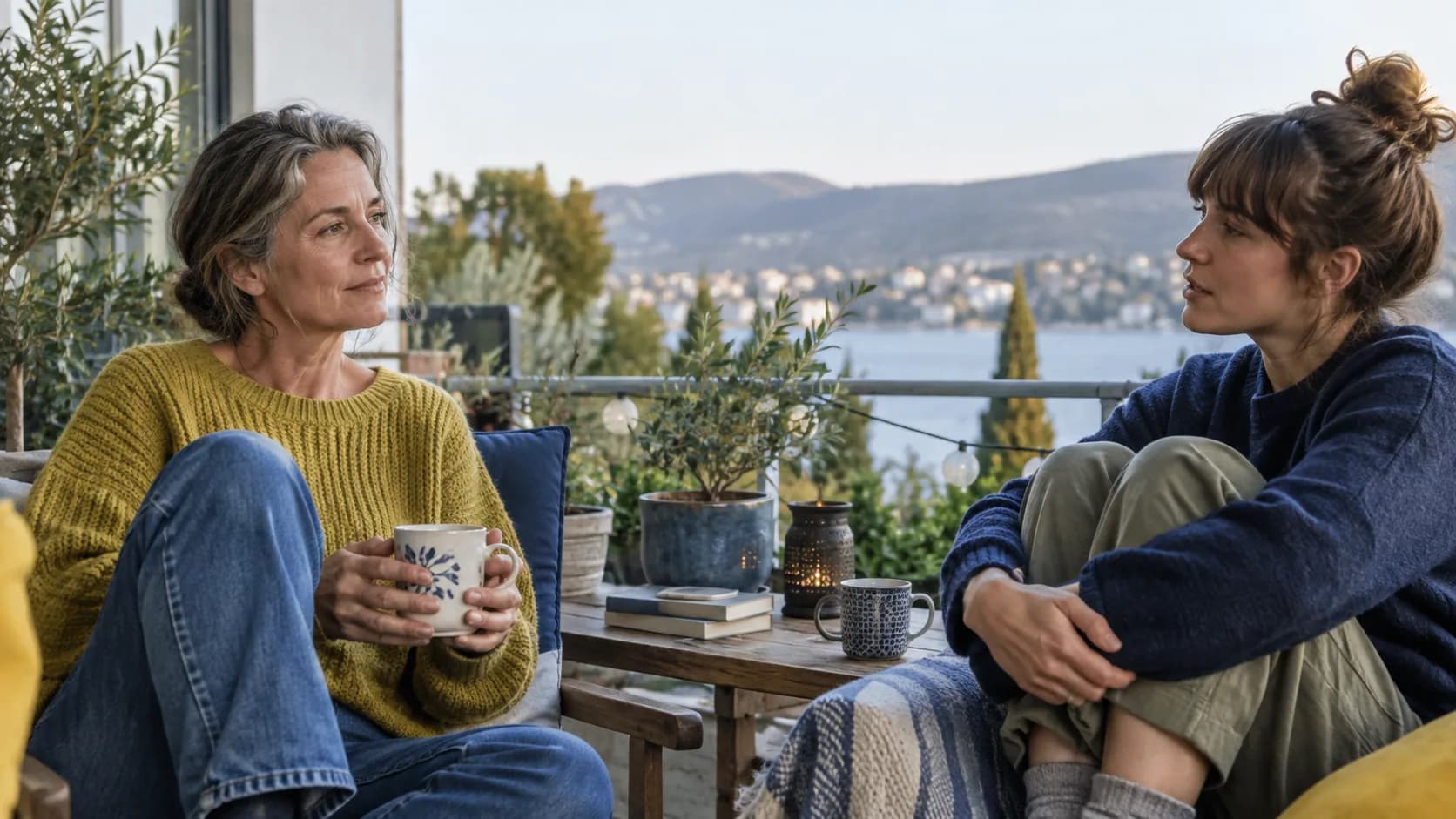 A woman in her fifties and a younger adult sitting together on a balcony.
