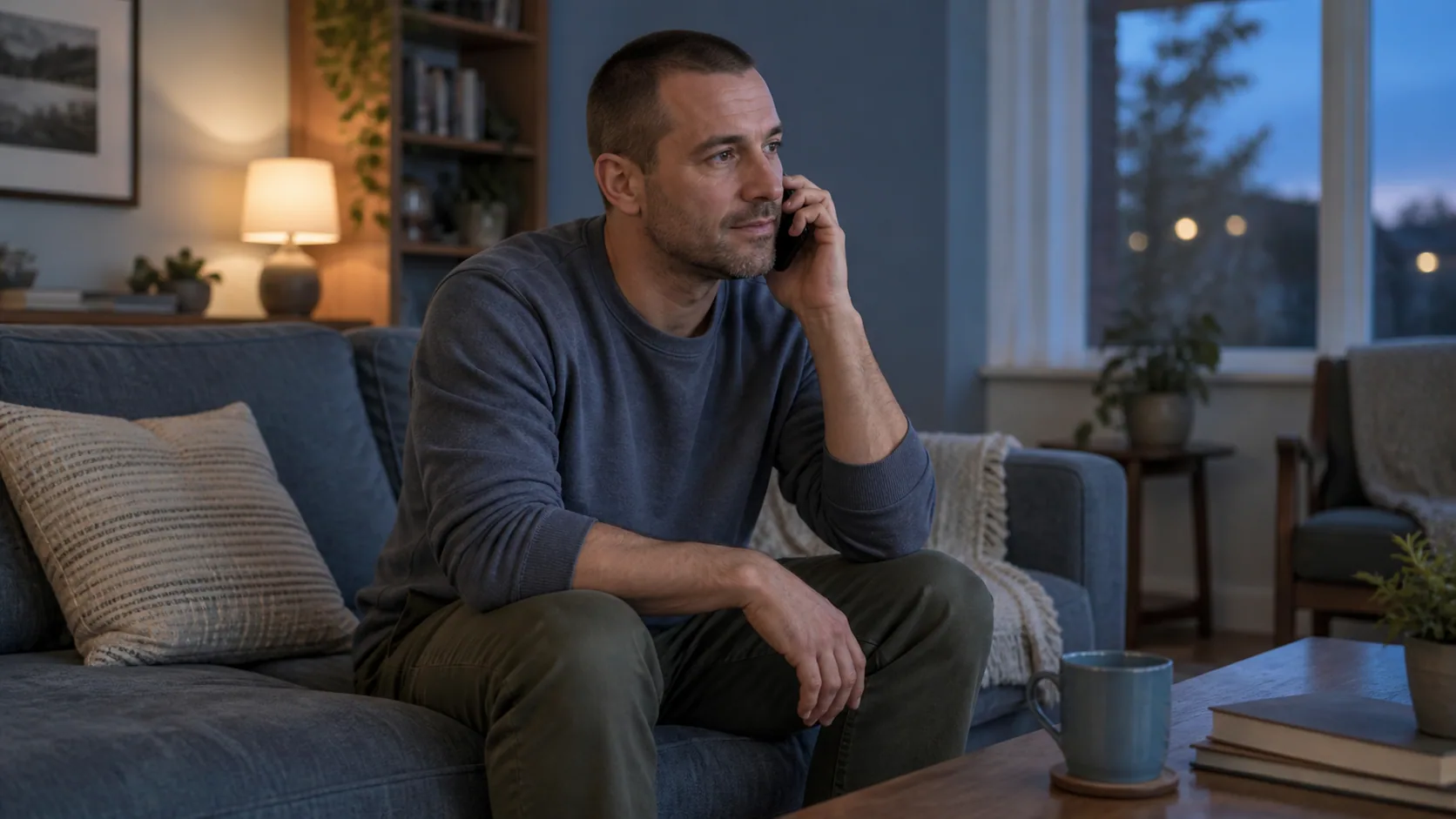 A man talking on the phone in his living room at dusk.