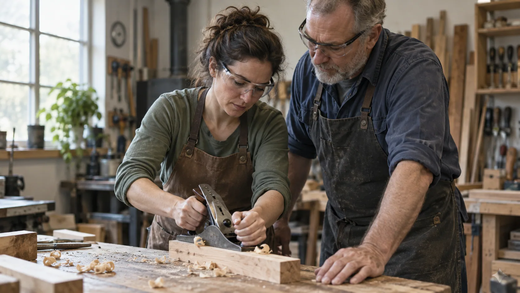 An adult student learning to use a woodworking hand plane.