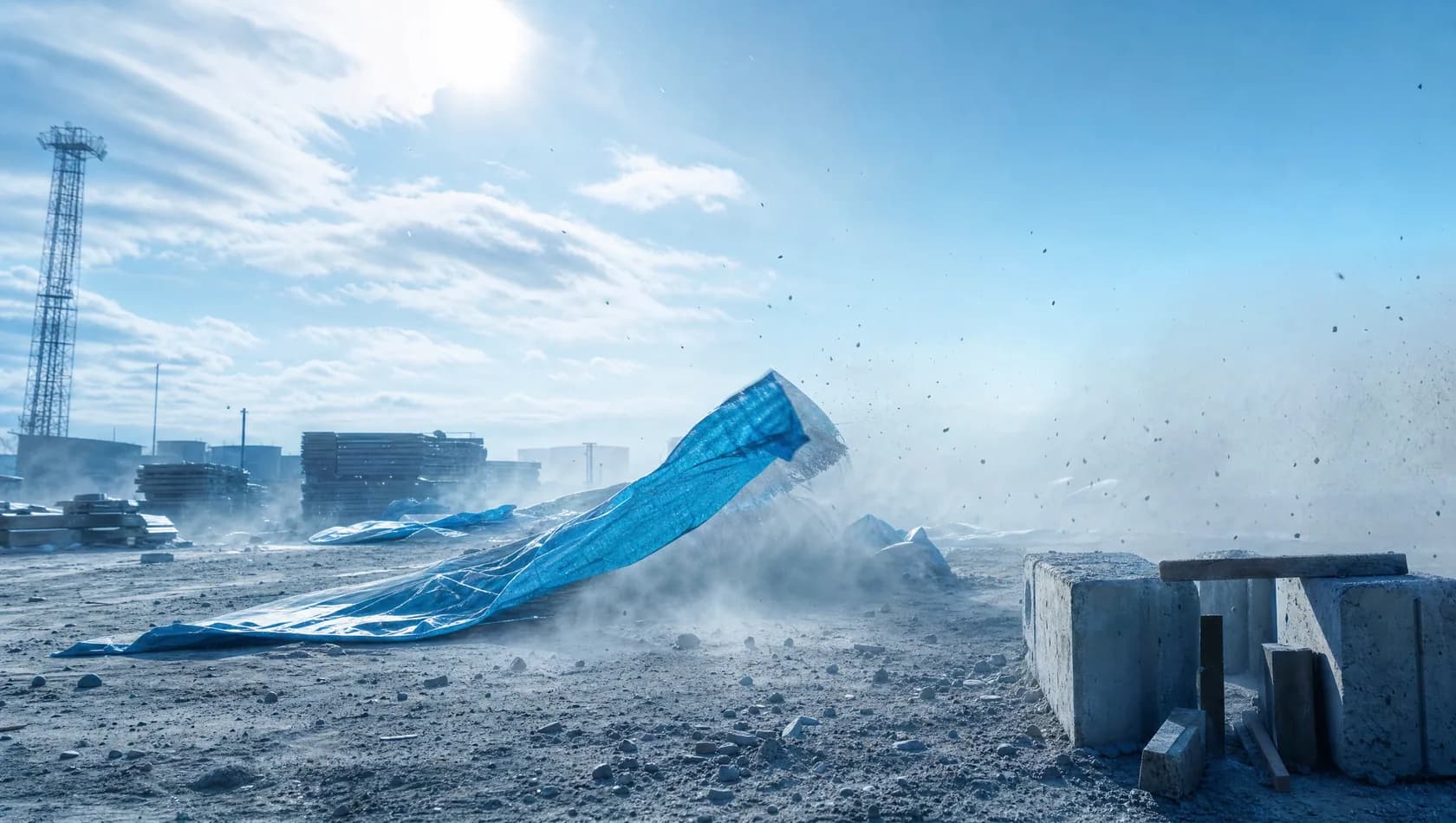 Wind driving across an open works yard on a bright cold day, dust and a loose tarpaulin lifting, blue-white cast.