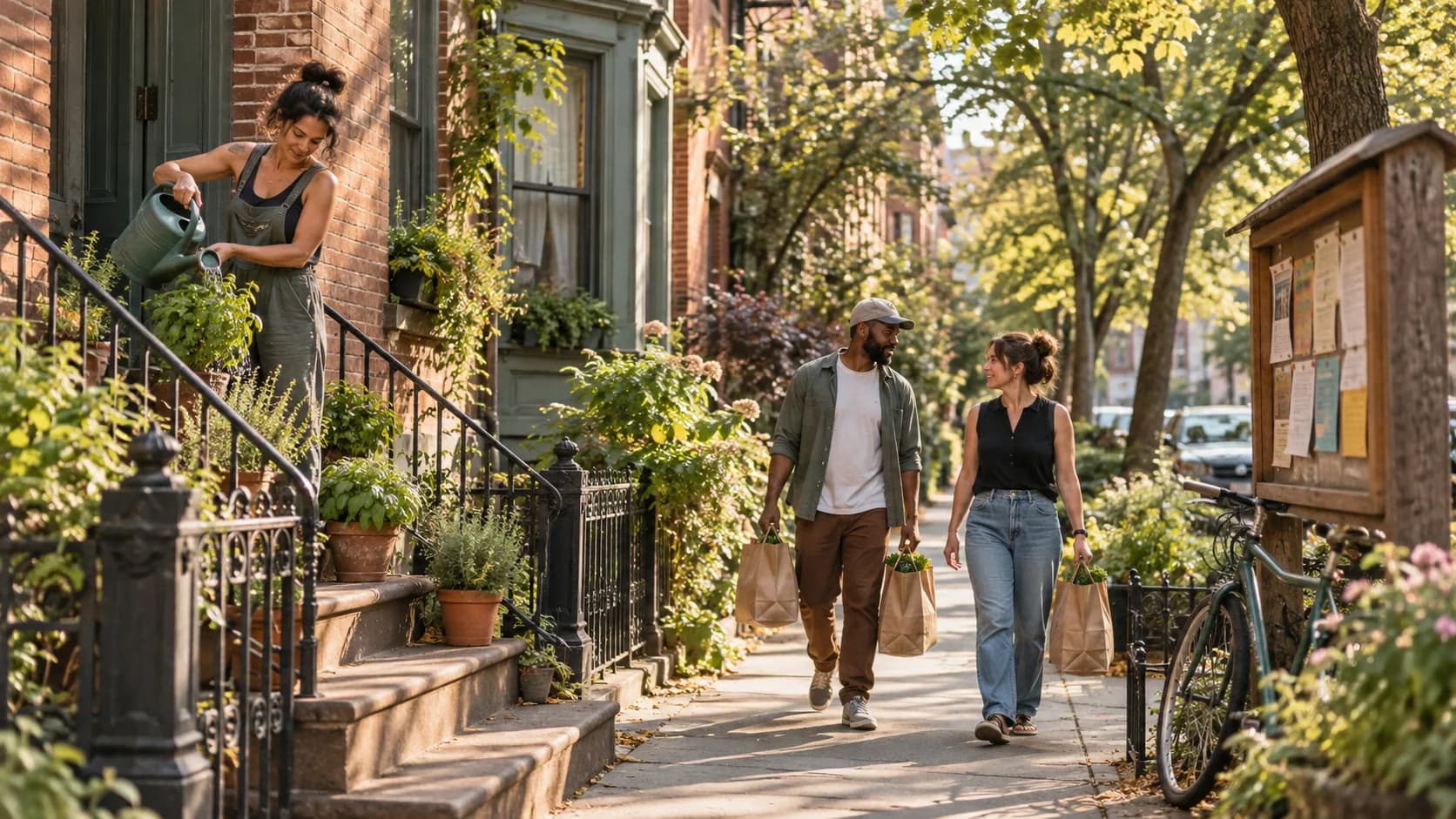 Neighbors carrying groceries past a woman watering plants on her front steps.