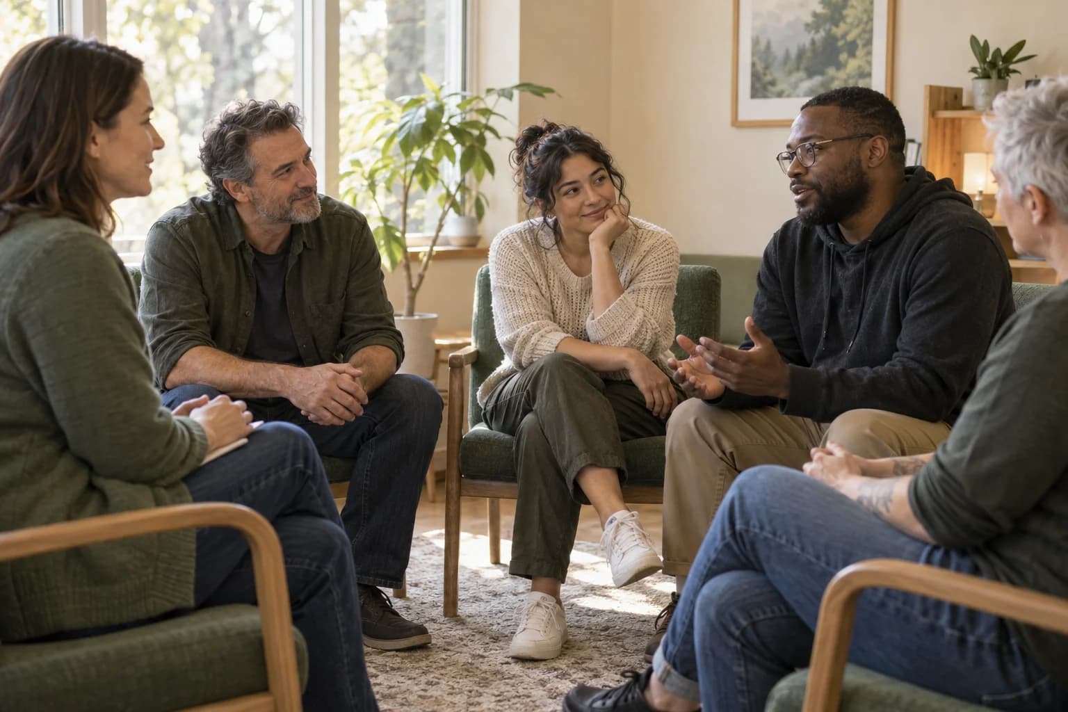 A small group in conversation in a bright treatment room.