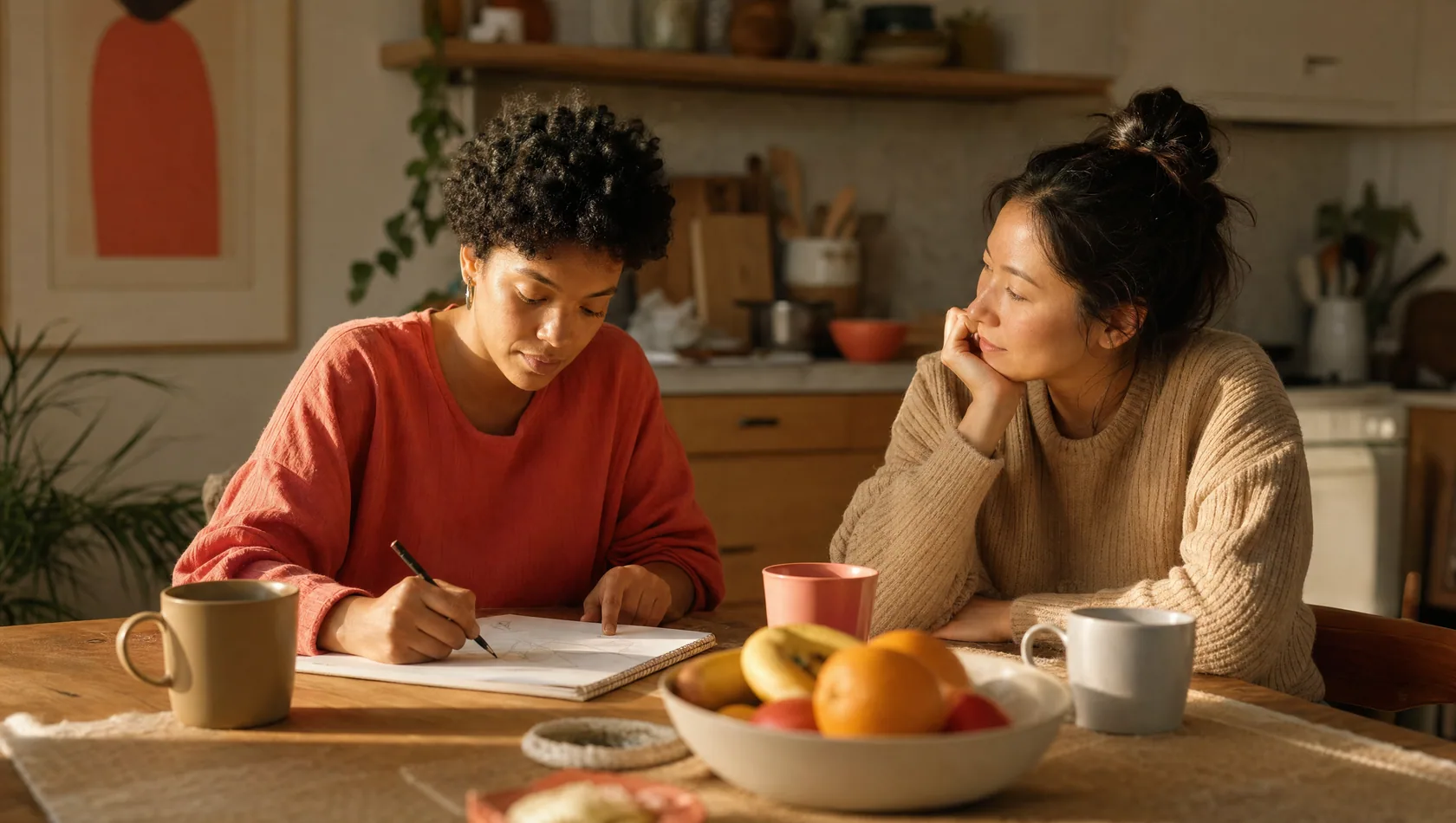 Two adults at a wide kitchen table in warm afternoon light, one sketching on a plain pad while the other listens, mugs and a fruit bowl nearby.