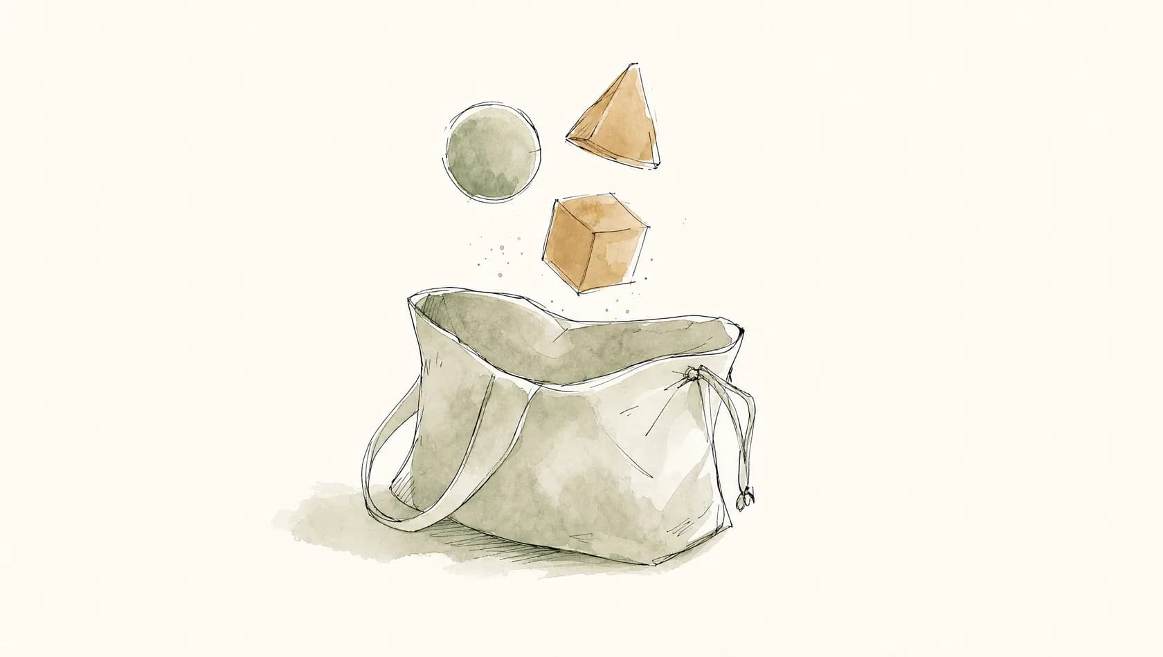 An ink-and-wash drawing: a loose bag drawn open with three simple shapes suspended above it, washed sage and sand on paper white.