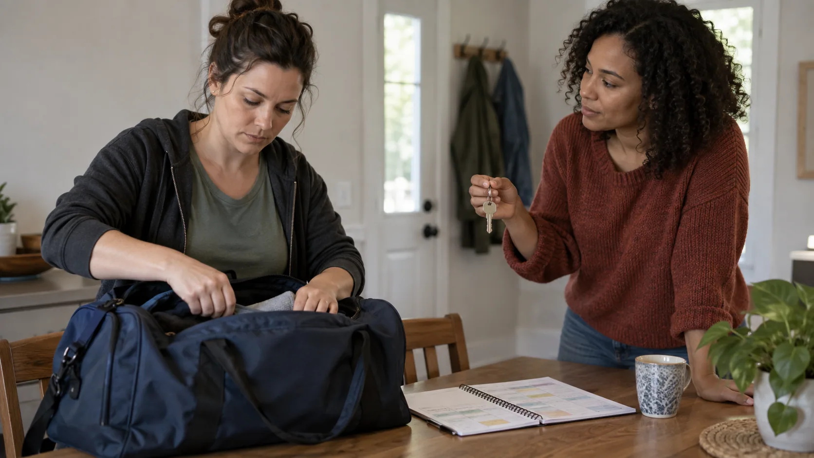 An adult woman arranging a duffel bag and a household schedule at a modest home table while a friend holds a spare key.