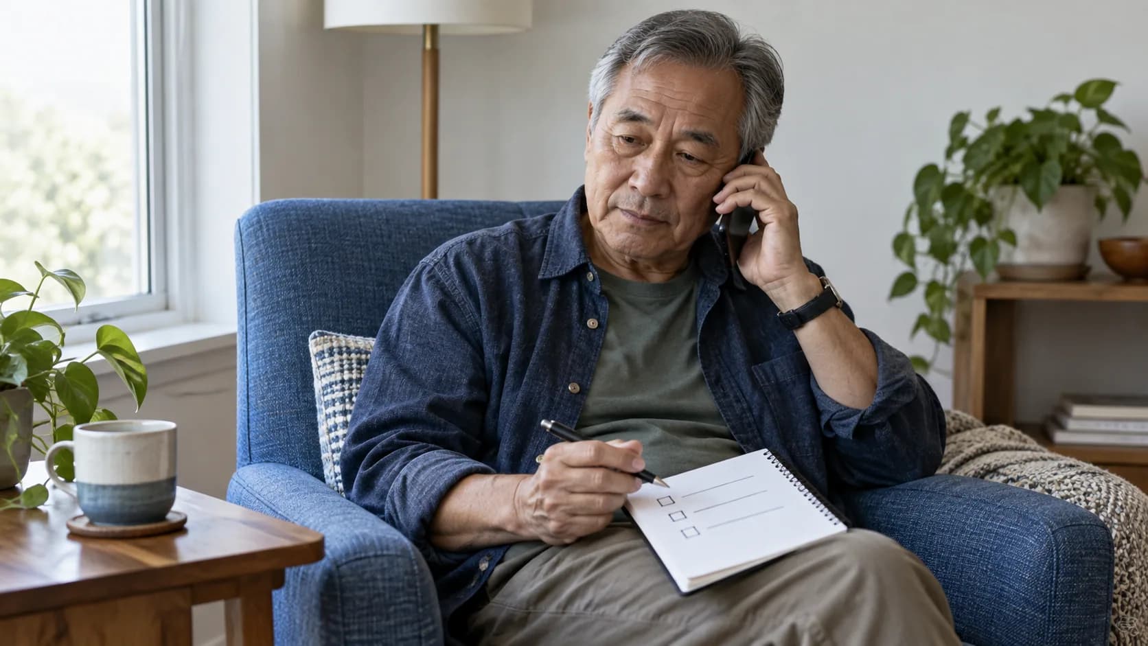 An older Asian man at home making a private phone call with a short question list beside him.