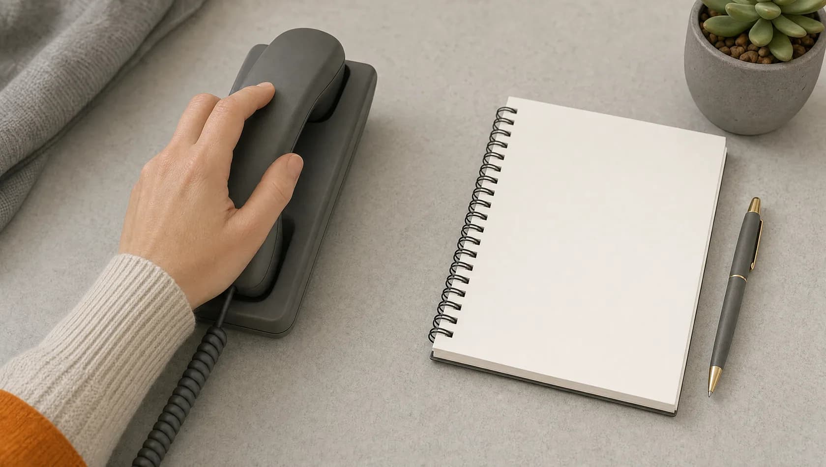 Close up: a hand resting on a corded handset in its cradle beside a blank notepad and a pen, soft flat light.