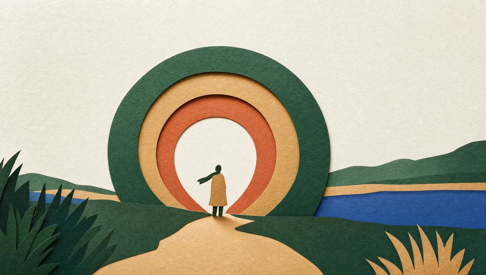 A paper-cut illustration: three concentric paper arcs with a shared opening and a simplified figure standing inside the gap, forest green and sand.