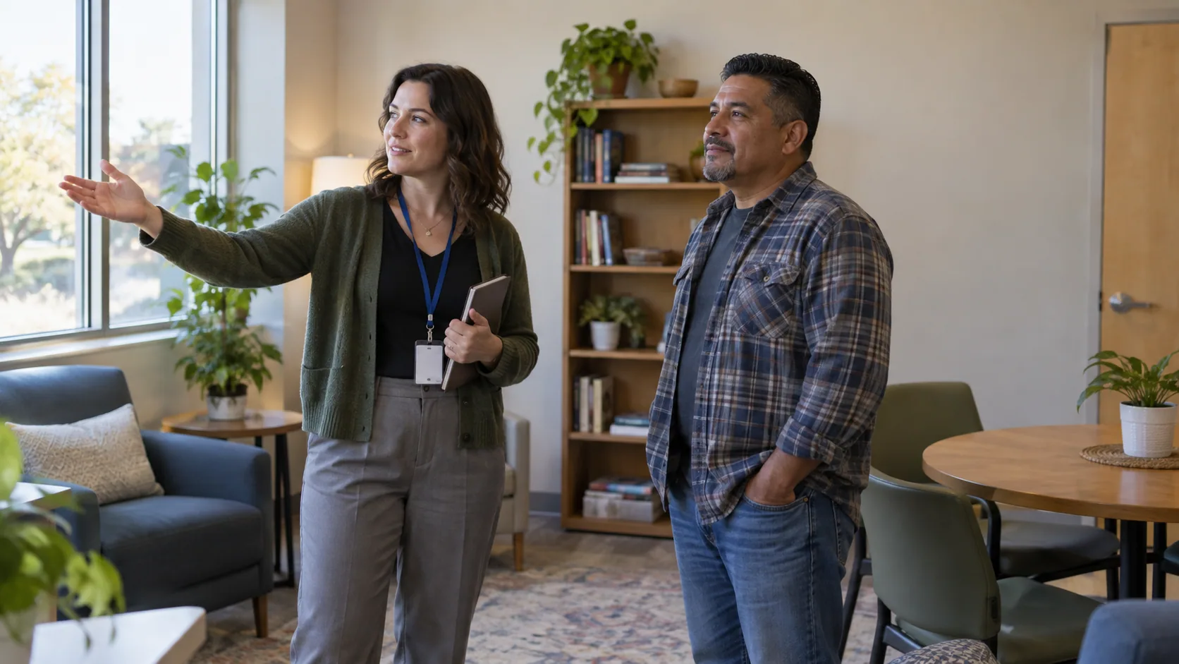 A female clinician and a middle-aged Latino patient looking together around a welcoming daytime care room.