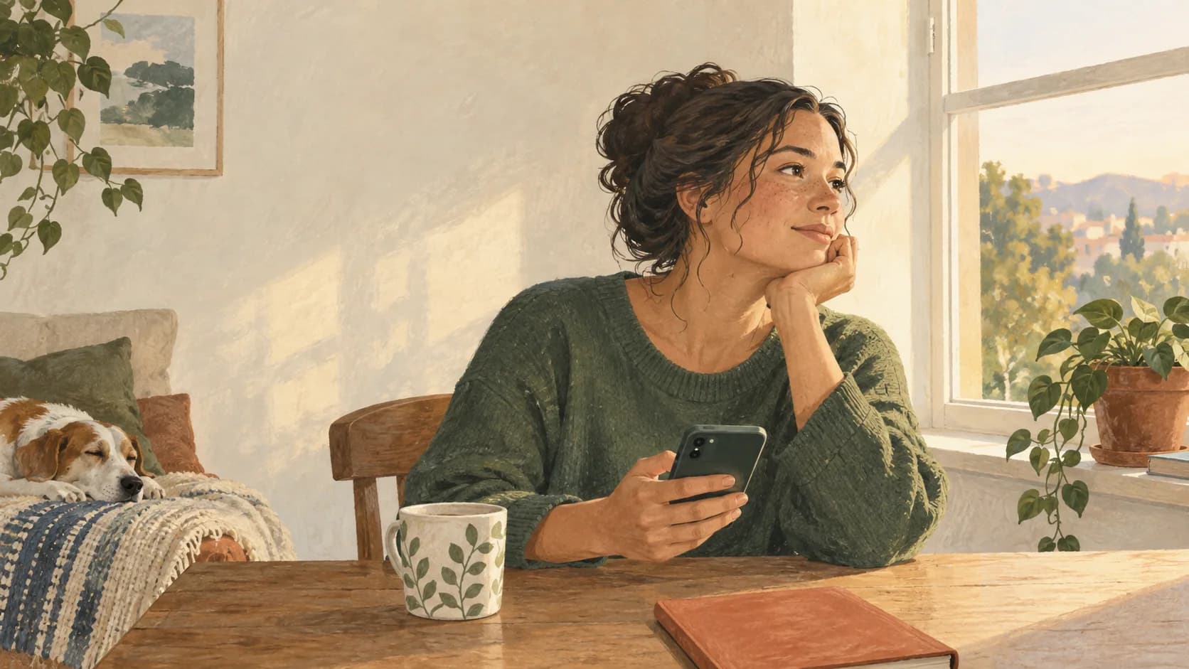 A warm lit window and an ordinary phone held ready for a conversation.