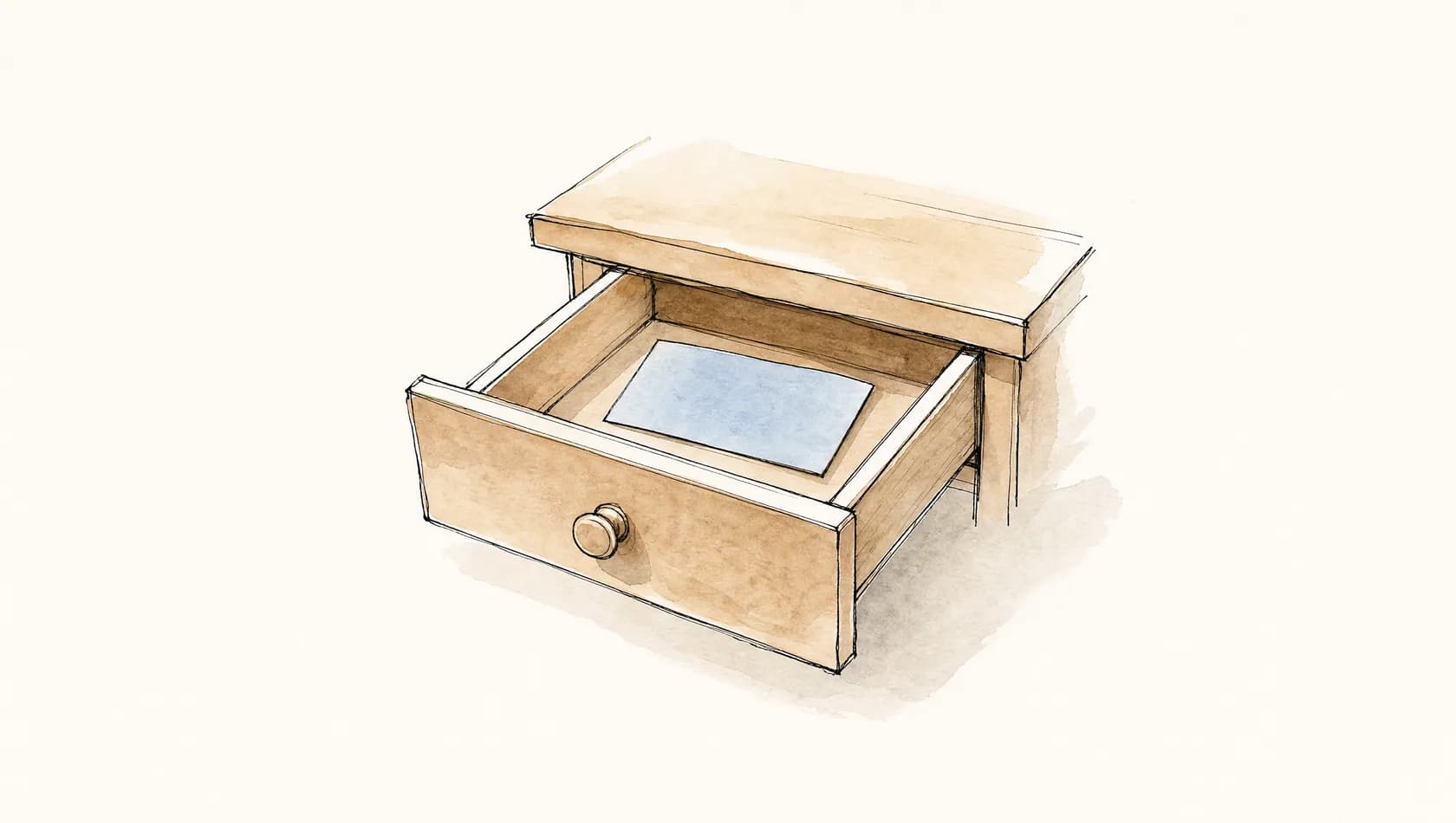 An ink-and-wash drawing: a drawer drawn half open with a single plain card inside, washed pale blue.