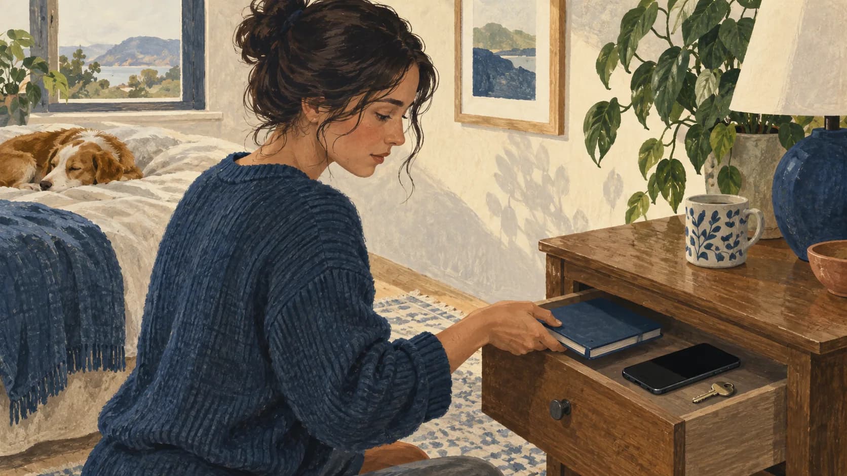 A closed personal notebook and a phone tucked into a small drawer.