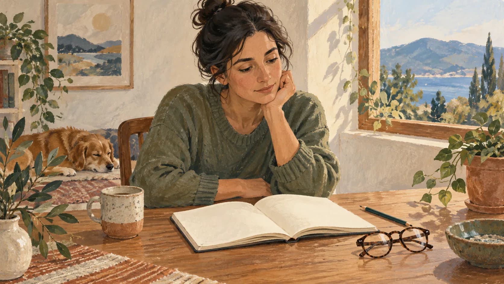 An open plain booklet beside a pencil and a pair of glasses.